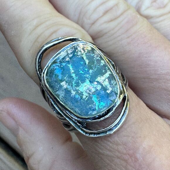 Vintage PZ Israel Roman Glass & Sterling Silver Ring, Size 8.8 by Paz Blue 925 - Picture 8 of 16
